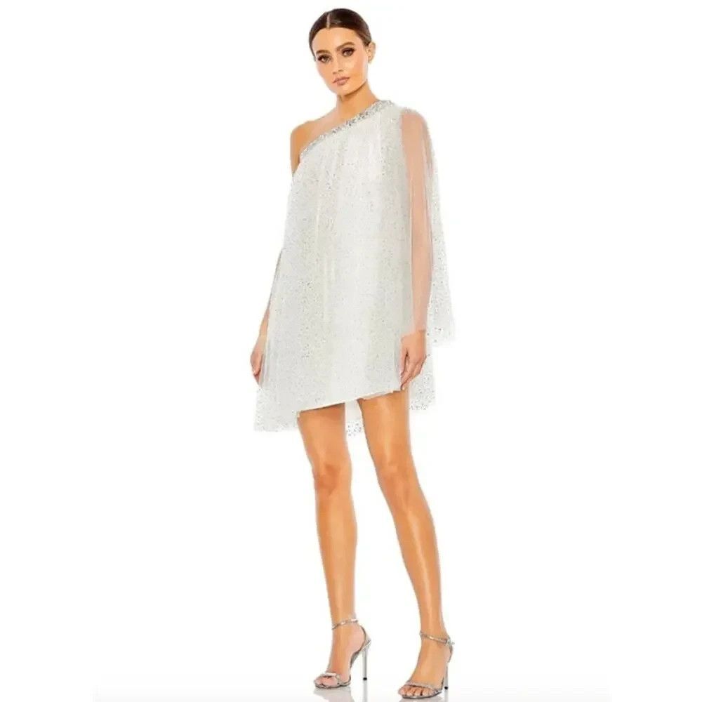 Mac Duggal 50689 White One Shoulder Embellished Tulle Mini Dress Size 2 NWT